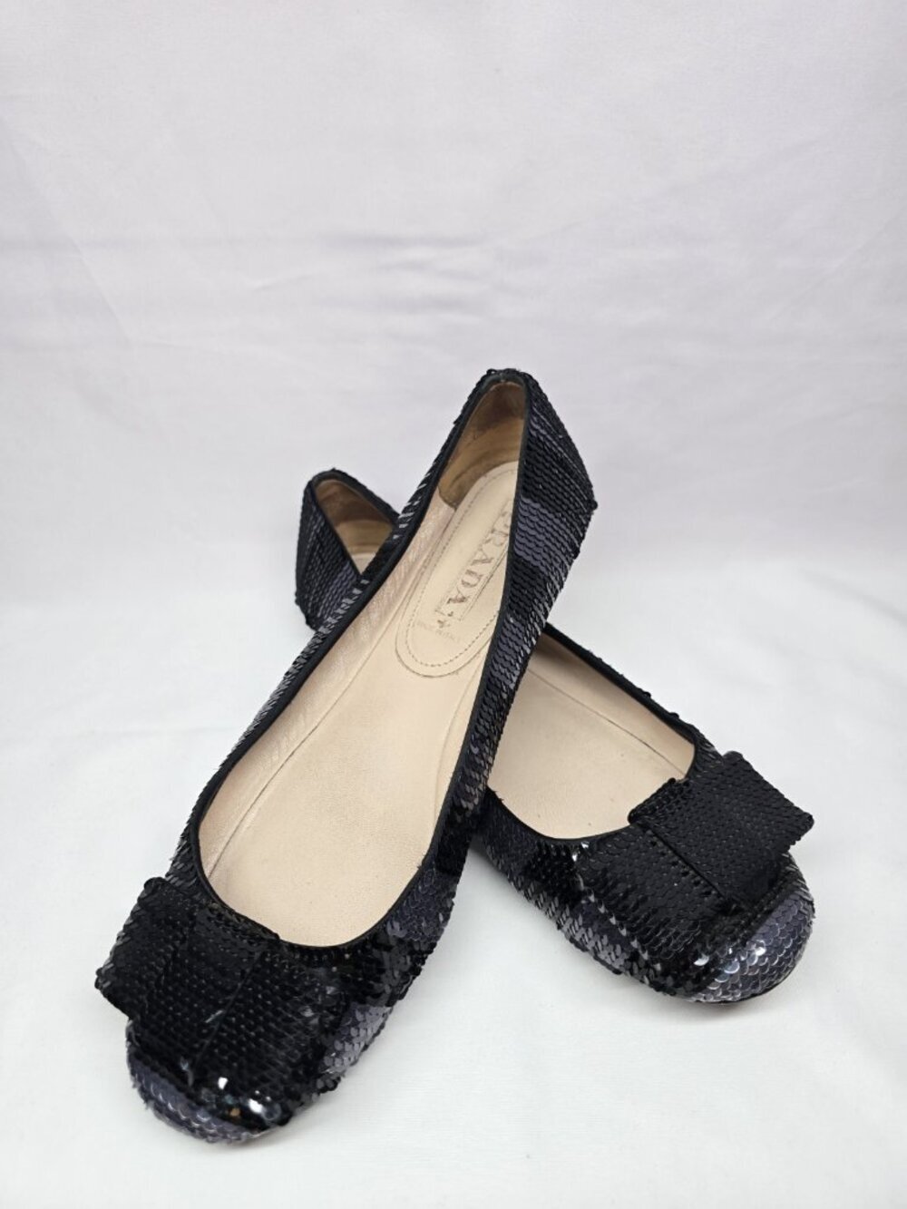 Prada Sequin Bow Glitter Paillettes Shiny Low Ballet Flats EUR 38 US 7.5/8